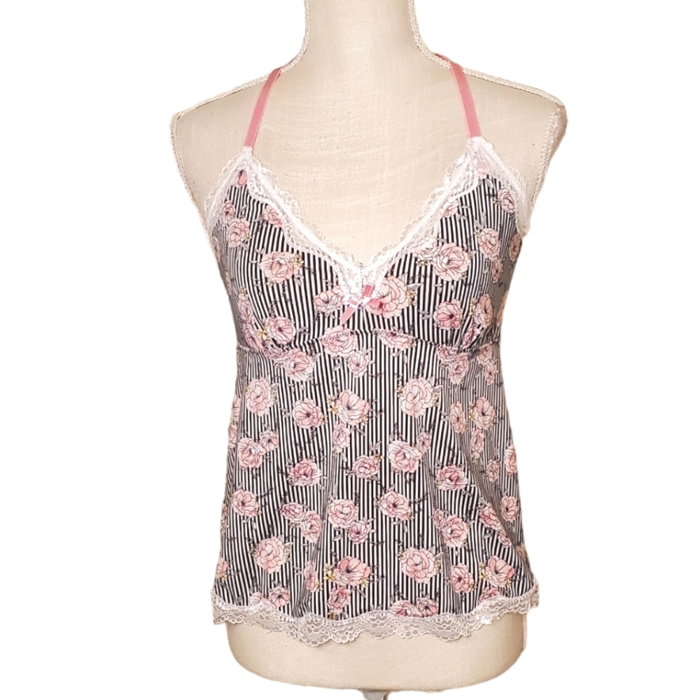 MARILYN MONROE | Women's black and white stripe and pink rose print camisole.